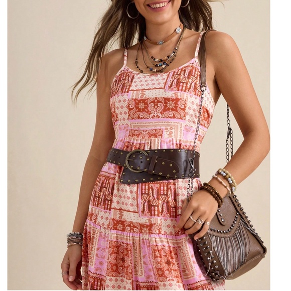 Boho Paisley Patchwork Print Tie back Ruffle Hem Dress - Picture 3 of 4